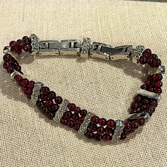 Vintage Marcasite, silver and Red Garnet Triple Row Beaded Bracelet - Picture 7 of 11